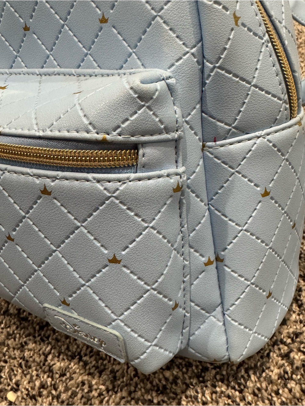 Disney Pale Blue Quilted Mini Backpack with Gold Cinderella Castle Emblem - Picture 3 of 9